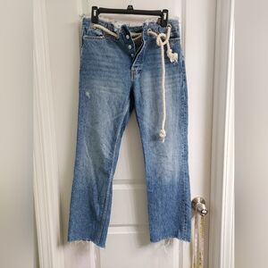 EUC Zara Womens Premium Denim Raw Hem Distressed Blue Jeans with Rope Belt, 4
